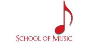 Logo for School of Music featuring black text with a large red musical note integrated into the design. Perfect for music lessons Westchase, with SCHOOL OF MUSIC in bold red letters below the main text.