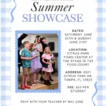 A flyer for Westchase Music School’s Summer Showcase, featuring a photo of children on stage holding instruments. Discover music lessons Westchase offers! Event dates: June 20 & 21 at Citrus Park Town Center, Tampa. RSVP by May 22. Fee: $50 per student.