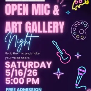 Neon-themed flyer for Westchase Music School’s “Open Mic & Art Gallery Night” on Saturday, 5/16/26 at 5 PM, featuring icons of a guitar, microphone, paint palette, free admission info, and details about music lessons Westchase offers.