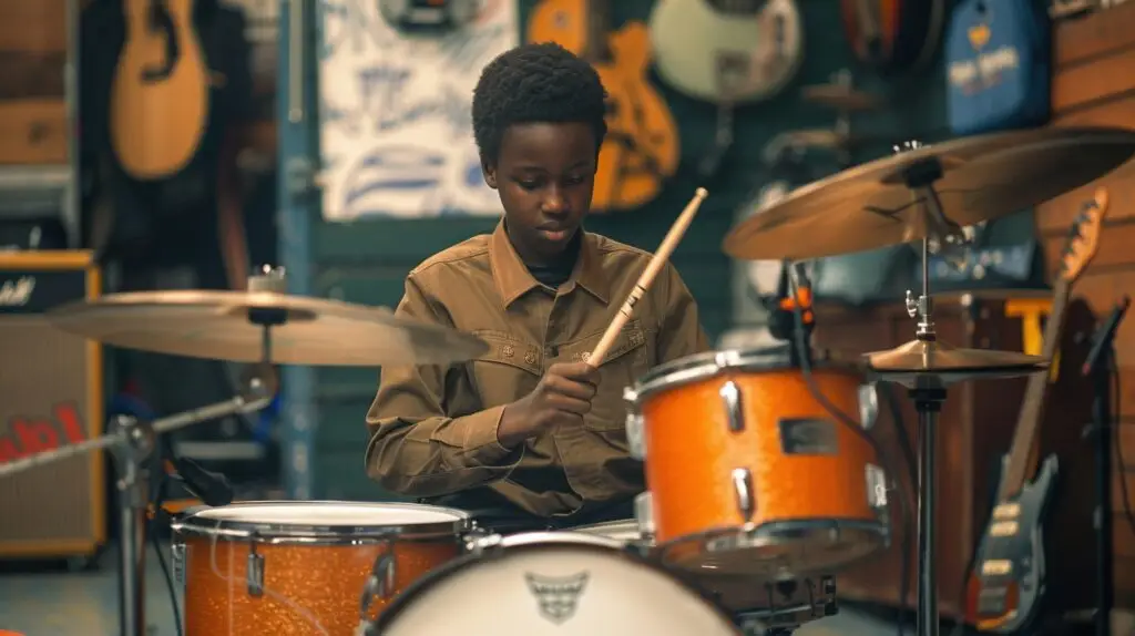 A young man is playing drums in a music studio