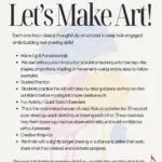 Flyer for children’s art classes at Westchase Music School, titled “Let’s Make Art!” Details include class description, activities (warm-up, guided practice, fun drawing), time (Fridays 6:30–7:30pm), and $25 per class.